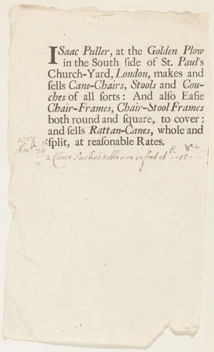 Trade Card of Isaac Puller, Cane Chairs at the Golden Plow, St. Paul's Church Yard by Isaac Puller, print, 1714