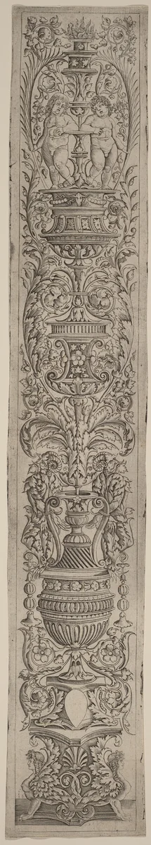 Ornament Panel: Two Sphinxes and Two Children Holding Palms by Giovanni Pietro Birago; Andrea Zoan, print, 1505-1515