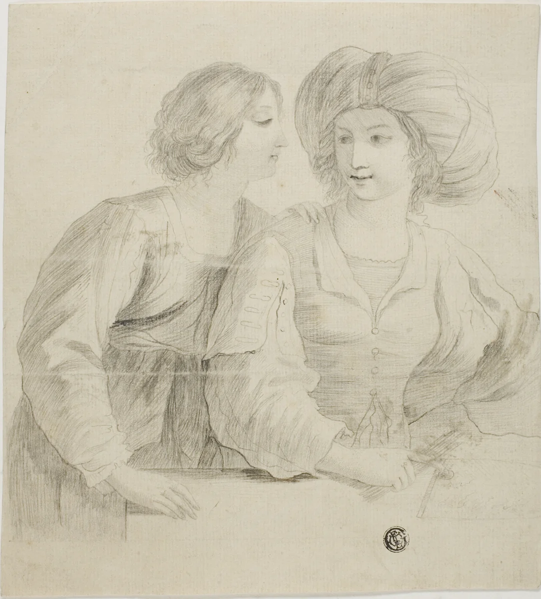 Two Young Women, One Wearing Turban, in Conversation by Guercino, drawing, 1611-1799