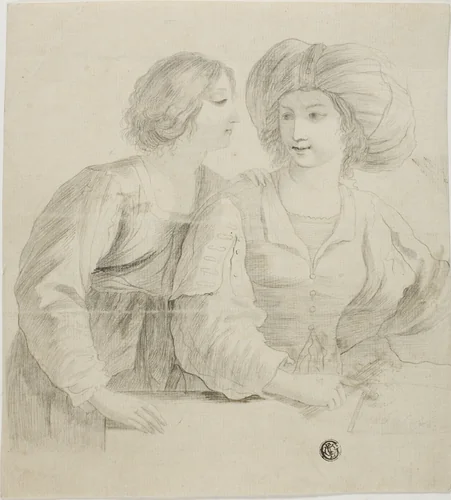 Two Young Women, One Wearing Turban, in Conversation by Guercino, drawing, 1611-1799