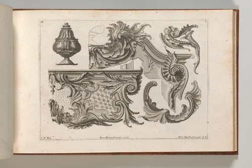 Suggestion for the Decoration of the Lower and Top Right of a Frame Combined with Several Additional Ornaments, Plate 2 from: 'Unterschidliche Auszierungen zu Thüren und Fenster, etc. etc. sehr nutzlich zu gebrauchen' by Jeremias Wachsmuth, book, 1745-1755