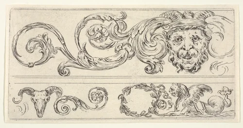 Three fragments of friezes; on top, a grotesque head of a man, a skull of a ram at bottom left and a chimera at bottom right, plate 2 from "Friezes, foliage, and grotesques" (Frises, feuillages et grotesques) by Stefano della Bella, print, 1638-1643