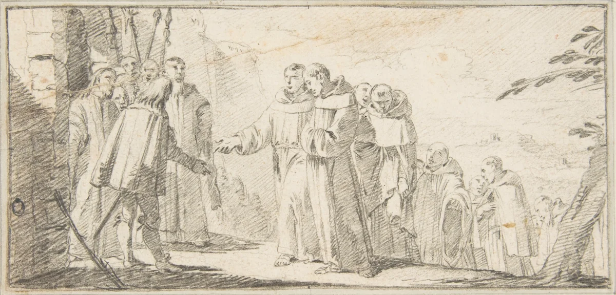 Illustration for a Book: Reception of Monks at a City Gate by Giovanni Battista Tiepolo, drawing, 1696-1770