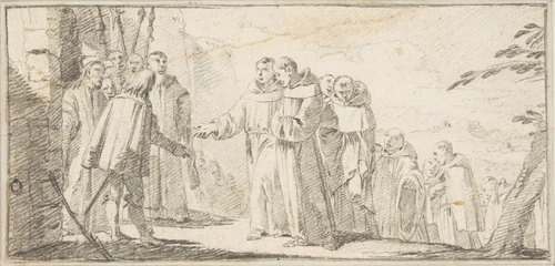 Illustration for a Book: Reception of Monks at a City Gate by Giovanni Battista Tiepolo, drawing, 1696-1770
