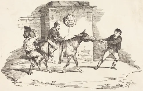 Three Children Playing with a Donkey (Trois enfants jouant avec un ane) by Théodore Gericault; Nicolas-Toussaint Charlet, print, 1820