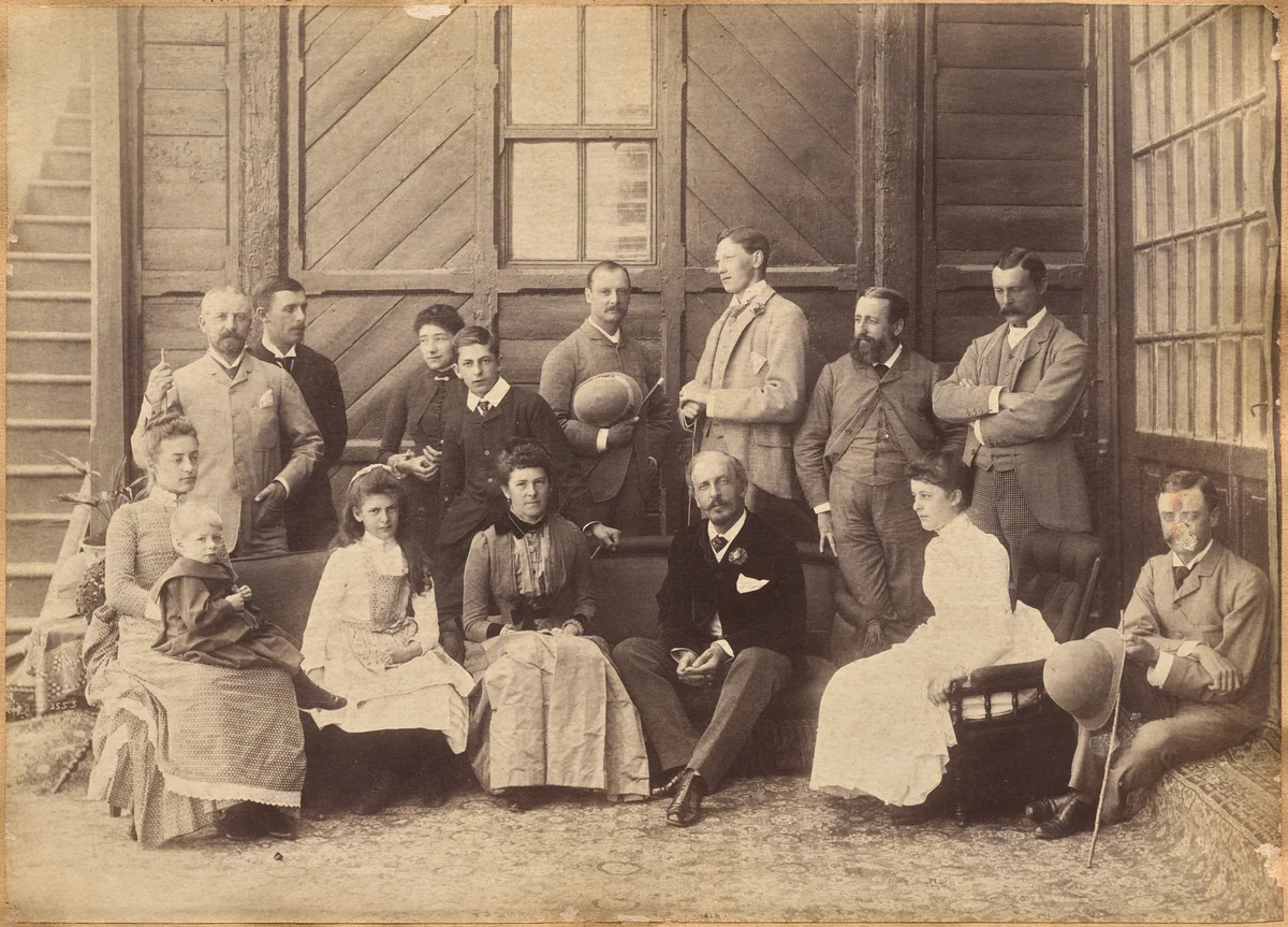 Shimla 17th May 1887: Viceregal party. Lord William Beresford, Military Secretary, Captain Leonard Gordon A.D.C., Mademoiselle Clerc, The Honorable Basit Blackwood, Major F. R. Hamilton A.D.C., Mr. Oglivie Grant, Sir Donald Mackenzie Wallace K.C.E., Private Secretary, Dr. J. Findlay, Mrs. F. R. Hamilton, Master G. Hamilton, Lady Victoria Blackwood, H. E. The Countess of Dufferin, H. E. The Earl of Dufferin, Lady Hermione Blackwood, Lord Herbrand Russell, A.D.C. (recto) by Raja Deen Dayal, photograph, 1887