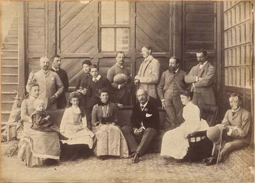 Shimla 17th May 1887: Viceregal party. Lord William Beresford, Military Secretary, Captain Leonard Gordon A.D.C., Mademoiselle Clerc, The Honorable Basit Blackwood, Major F. R. Hamilton A.D.C., Mr. Oglivie Grant, Sir Donald Mackenzie Wallace K.C.E., Private Secretary, Dr. J. Findlay, Mrs. F. R. Hamilton, Master G. Hamilton, Lady Victoria Blackwood, H. E. The Countess of Dufferin, H. E. The Earl of Dufferin, Lady Hermione Blackwood, Lord Herbrand Russell, A.D.C. (recto) by Raja Deen Dayal, photograph, 1887