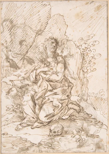 Mary Magdalen in the Wilderness by anonymous, drawing, 1600-1700