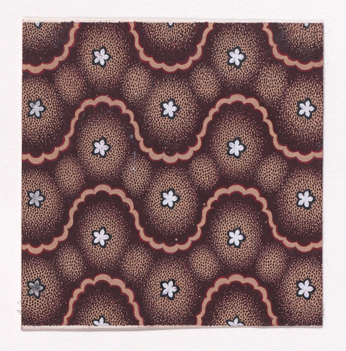 Textile Design with Undulating Horizontal Strips of Rosettes Framed by Undulating Horizontal Ribbon Strips by anonymous, drawing, 1840