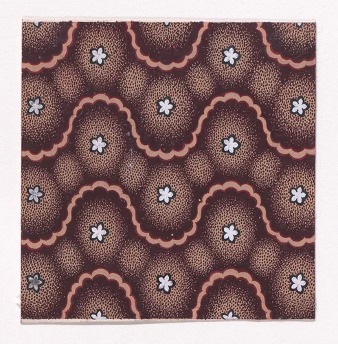 Textile Design with Undulating Horizontal Strips of Rosettes Framed by Undulating Horizontal Ribbon Strips by anonymous, drawing, 1840