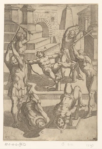 Foltering: slaan van heiligen aan vier palen gebonden en scherpe punten by Unknown, print, 1565-1630