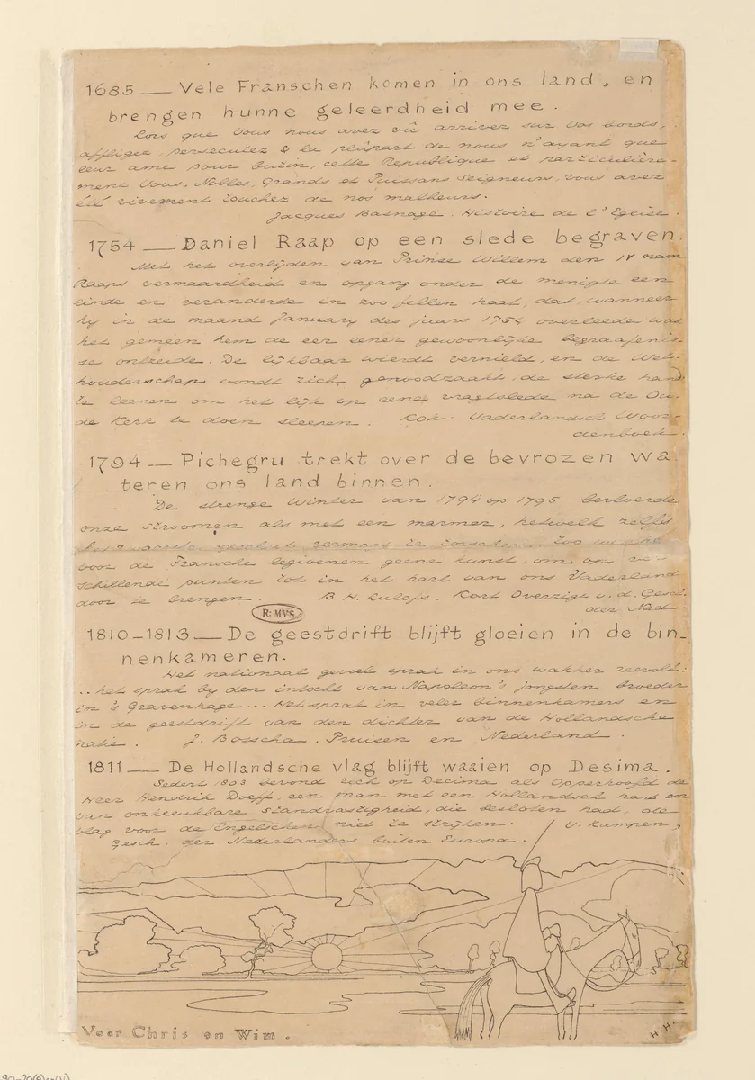 Blad met handgeschreven beschrijvingen van scènes uit 'Keur van gedenkwaardige tafereelen uit de vaderlandsche historiën' by Johan Huizinga, drawing, 1893-1895