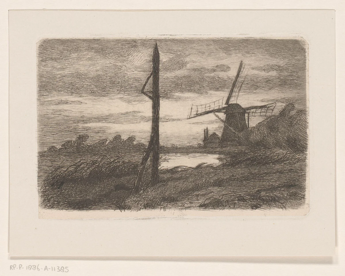 Riviergezicht met molen by Wilhelmus Johannes Steenhoff, print, 1873-1886