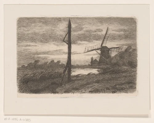 Riviergezicht met molen by Wilhelmus Johannes Steenhoff, print, 1873-1886