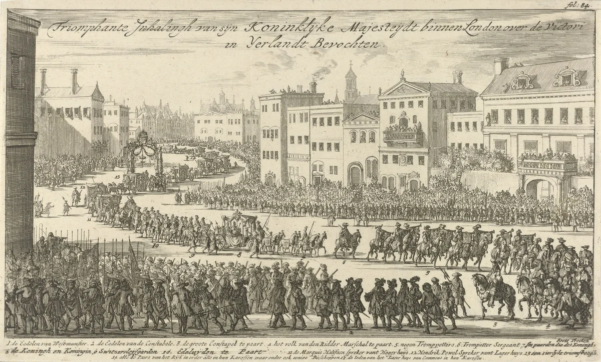 Triomftocht ter ere van de overwinningen van koning Willem III in Ierland, 1690 by Jan Luyken, print, 1690
