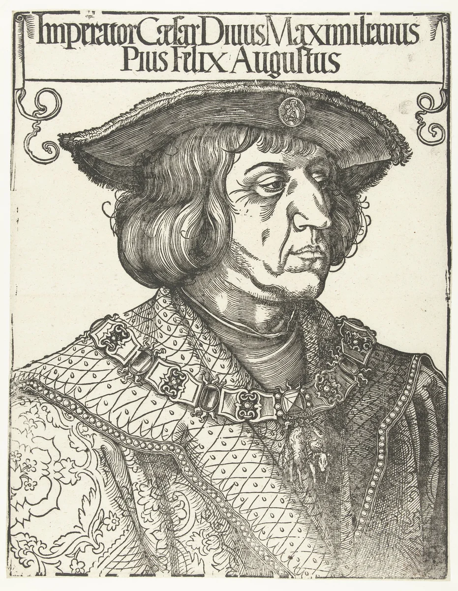 Maximiliaan I by Albrecht Dürer, print, 1517-1521