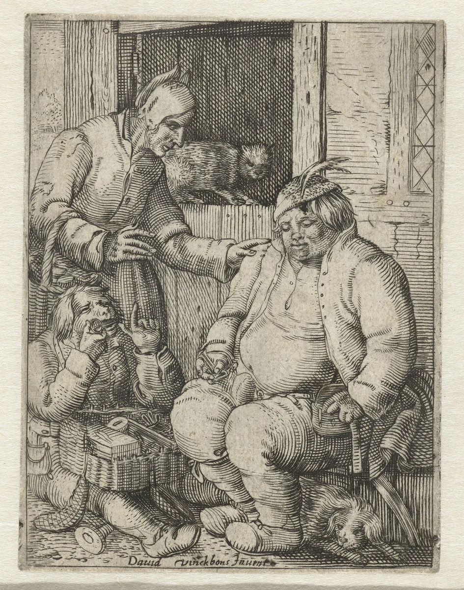 Marskramer demonstreert zijn koopwaar by Gillis van Breen, print, 1590-1615