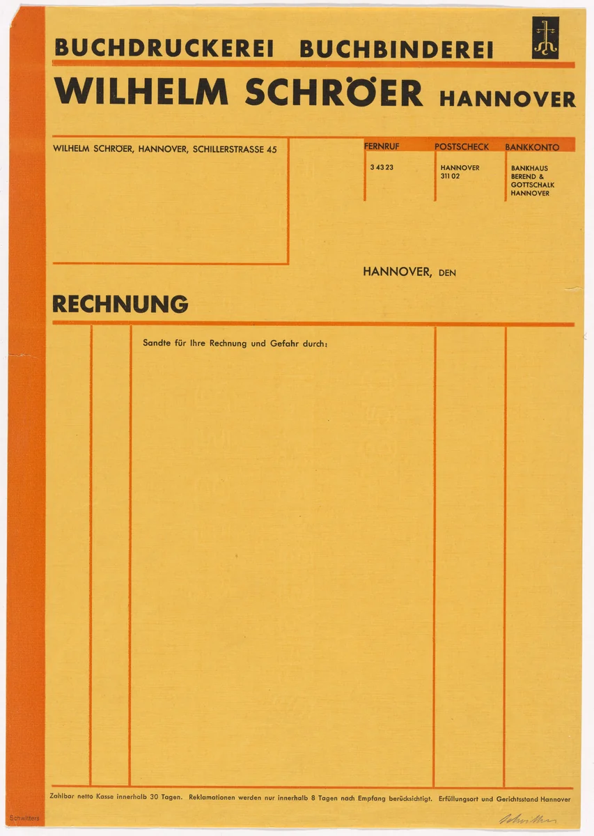 Stationery invoice for Wilhelm Schröer Printing House and Bindery (Buchdruckerei Buchbinderei), Hannover by Kurt Schwitters, design, 1929