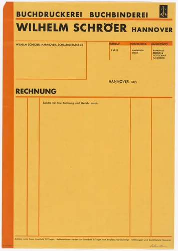 Stationery invoice for Wilhelm Schröer Printing House and Bindery (Buchdruckerei Buchbinderei), Hannover by Kurt Schwitters, design, 1929
