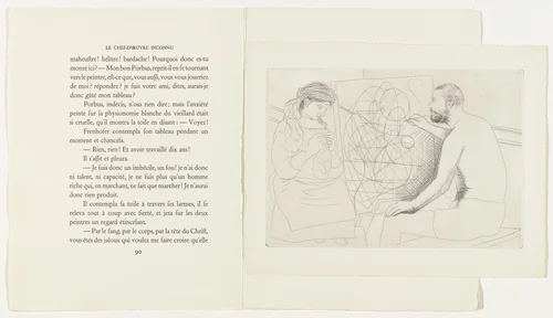Painter and Model Knitting from Le Chef-d'œuvre inconnu by Pablo Picasso, illustrated book, 1927