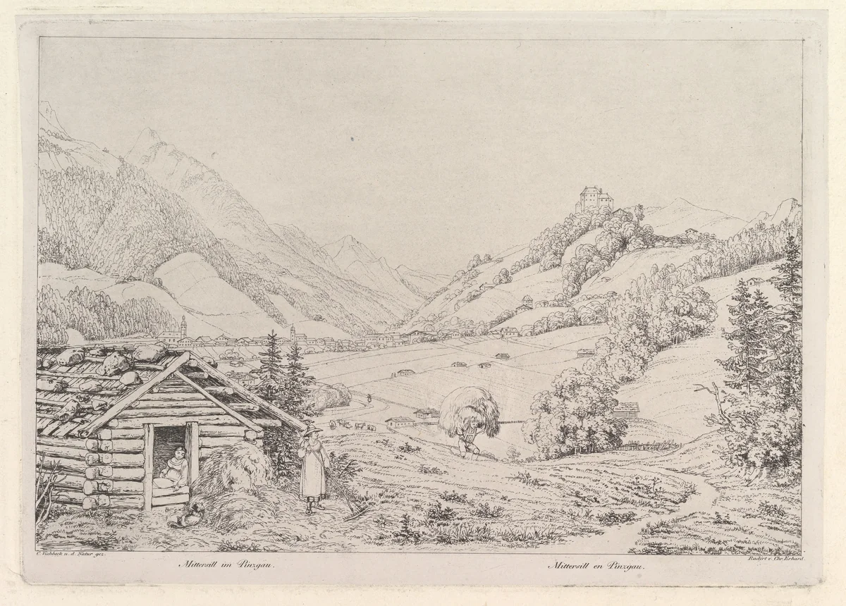 Farming scene, "Mittersill im Pinzgau" by Johann Christoph Erhard, print, 1810-1822