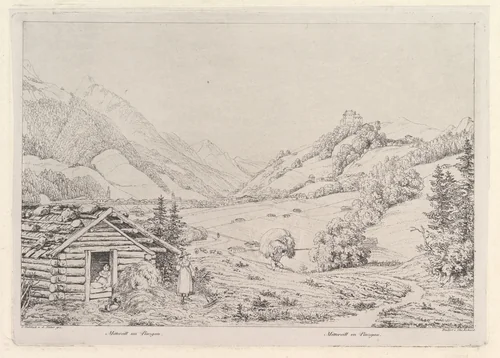 Farming scene, "Mittersill im Pinzgau" by Johann Christoph Erhard, print, 1810-1822