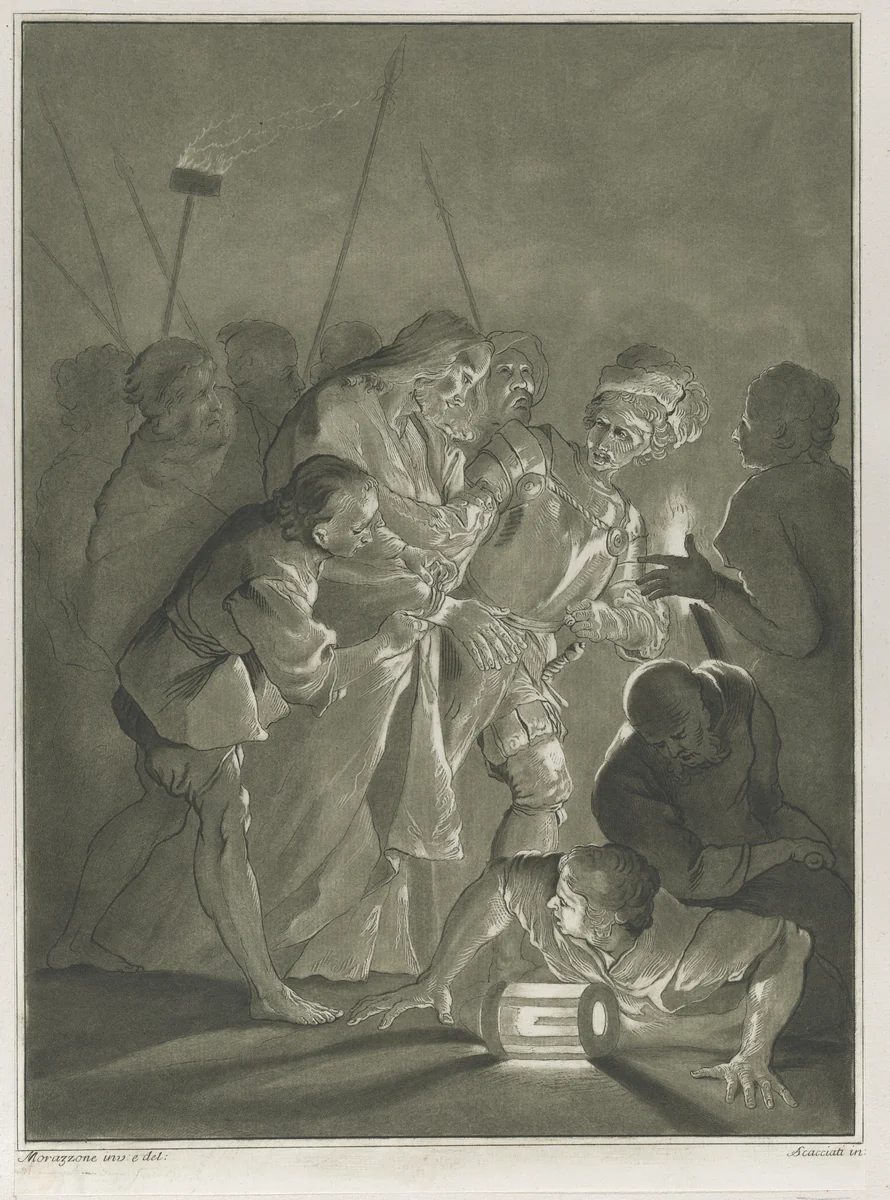 Latona and her sleeping twins, Apollo and Diana, within a landscape by Andrea Scacciati, print, 1750-1770