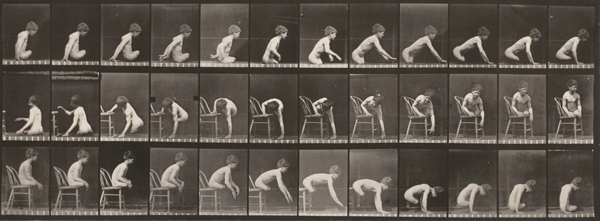 Plate Number 538. Double amputation of thighs, boy. A: Moving forward. B: Getting on chair. C: Getting down from chair by Eadweard Muybridge, photograph, 1887
