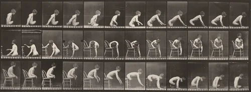Plate Number 538. Double amputation of thighs, boy. A: Moving forward. B: Getting on chair. C: Getting down from chair by Eadweard Muybridge, photograph, 1887