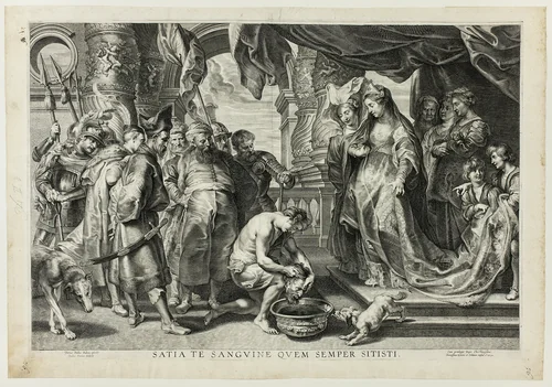Thomiris, Queen of the Scyths, with the Head of Cyrus by Paulus Pontius, print, 1630