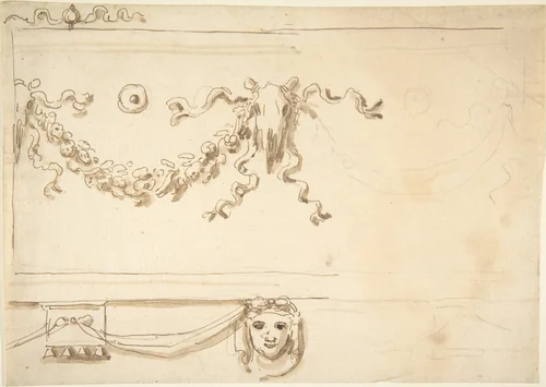 Design for a Frieze: Garland and Animal Skull by anonymous, drawing, 1700-1800