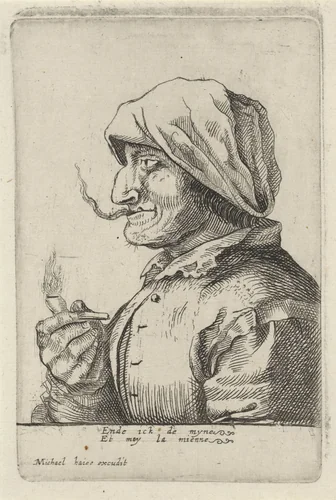 Oude vrouw rookt een pijp by anonymous, print, 1661-1676