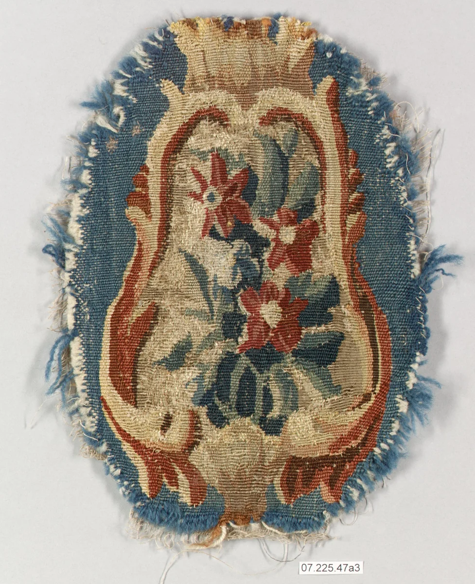 Rocaille cartouche with flowers by Beauvais, textile, 1730-1755