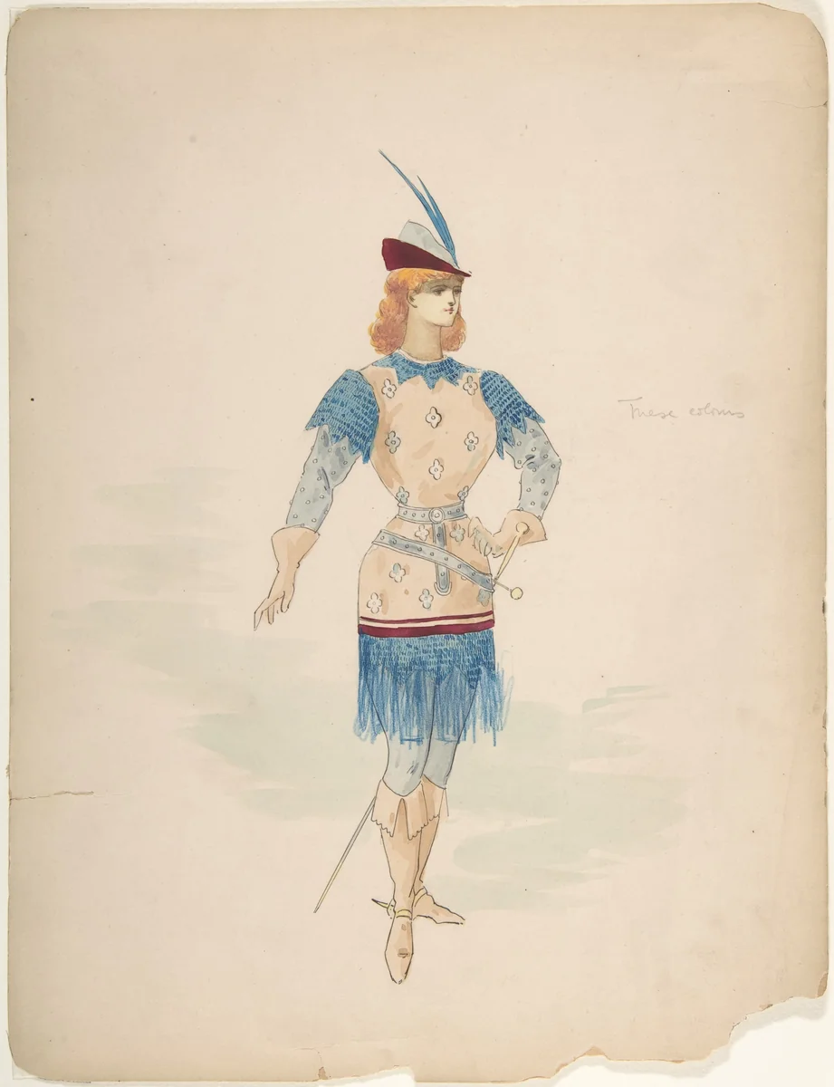Costume Design for a Cavalier (?) in Blue and Burgundy with Feathered Cap and Sword by Charles Bianchini, drawing, 1875-1905
