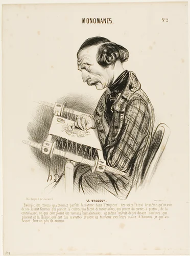 The Embroiderer. An example of the errors, nature sometimes makes in labeling the sexes. Just as one sees the would-be women who wear pants, some kind of a moustache, who play a cornet or the bass-viol, or who compose humanitarian novels, in the same way one finds men who play the harp, hemstitch neckerchiefs, do embroidering with their hands, and, who in a case of emergency know how to do a little cooking, plate 2 from Monomanes by Honoré-Victorin Daumier, print, 1840