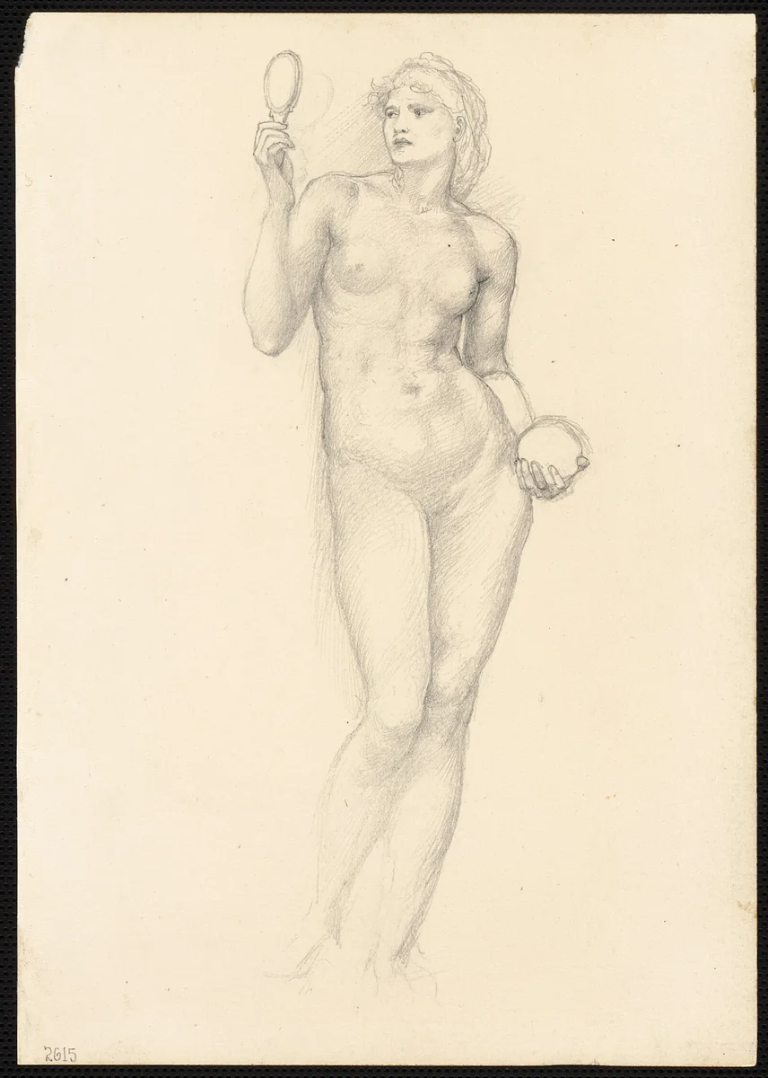 Nude Female Figure with Mirror in Right Hand by Edward Burne-Jones, drawing, 1863-1877