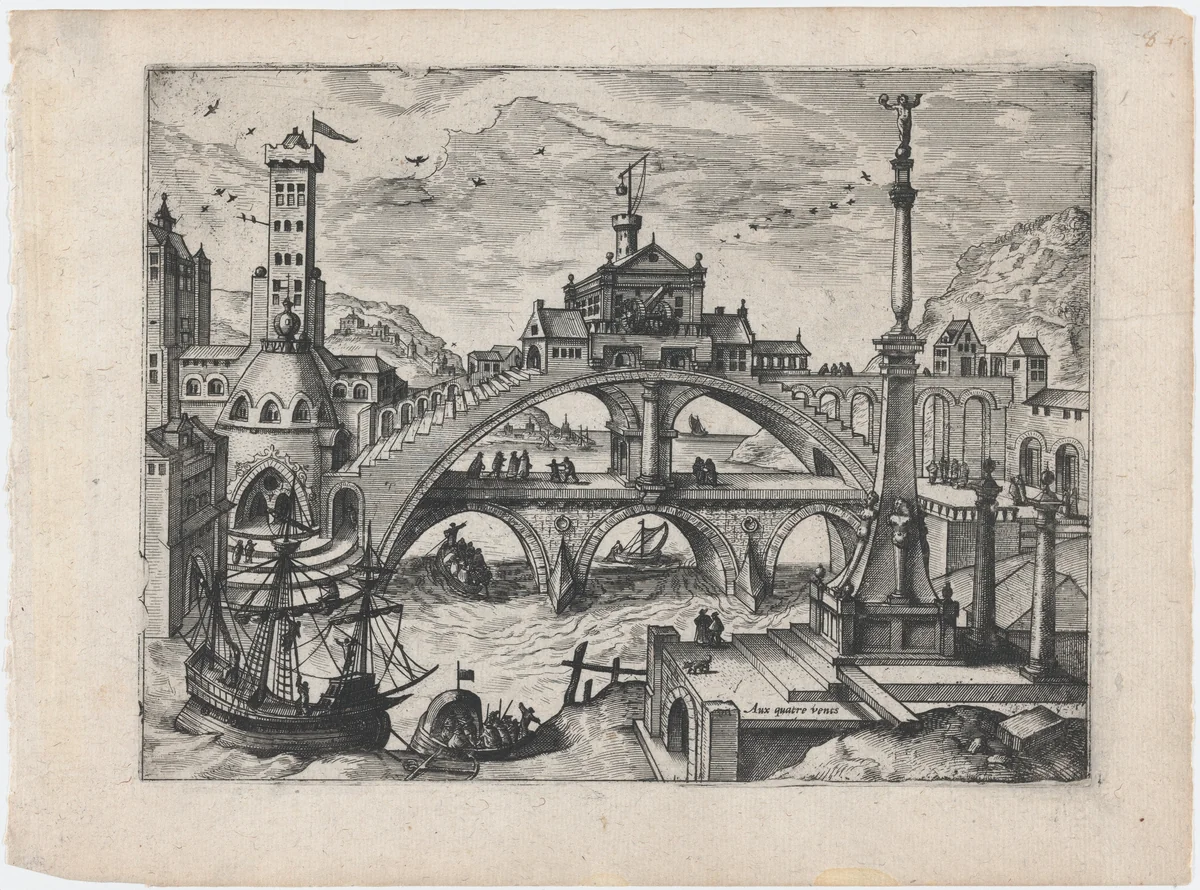 Riverscape with a Double Bridge by Lucas Gassel, print, 1555-1575