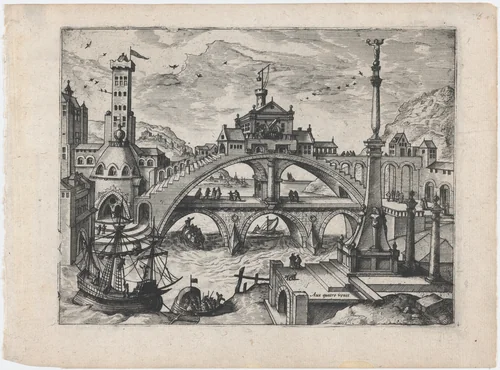 Riverscape with a Double Bridge by Lucas Gassel, print, 1555-1575