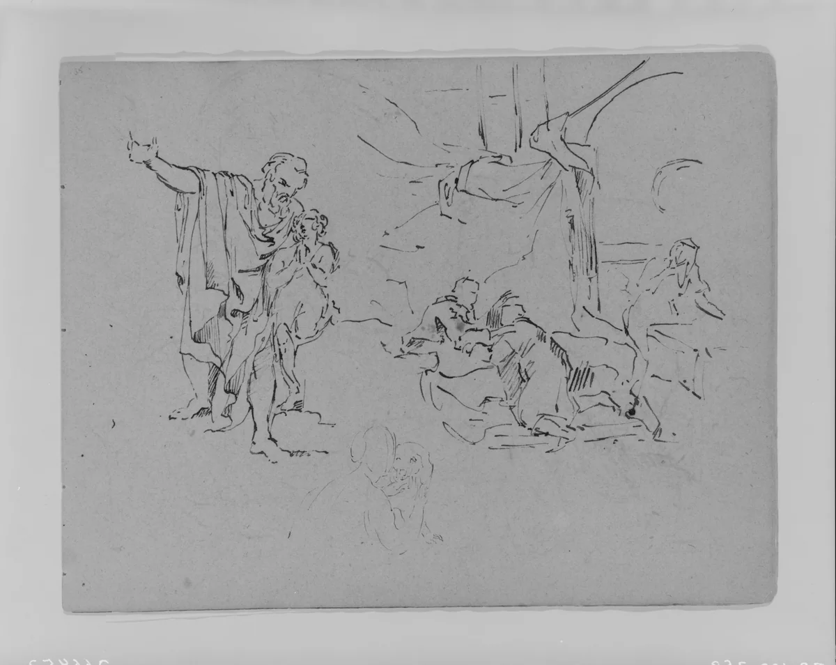Man Gesturing, Composition Study, Woman Petting Dog (from Sketchbook) by Thomas Sully, artwork, 1810-1820