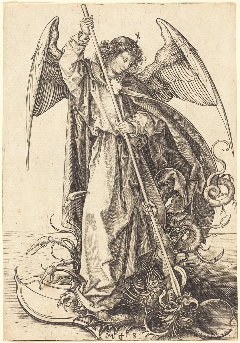 Saint Michael Slaying the Dragon by Martin Schongauer, print, 1480-1490