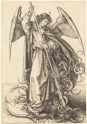 Saint Michael Slaying the Dragon by Martin Schongauer, print, 1480-1490