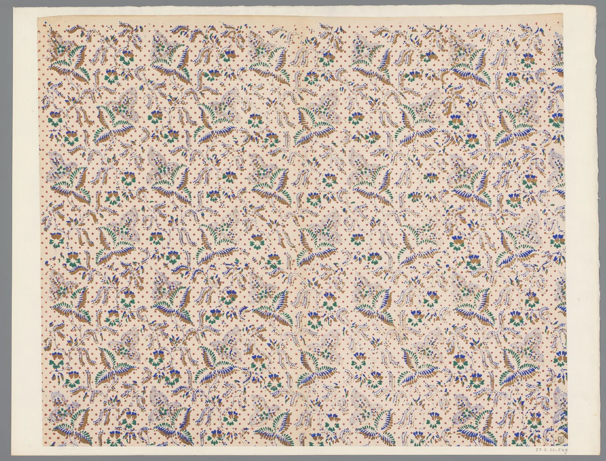 Blad met strooipatroon van bladmotieven met punten en sterretjes by anonymous, print, 1800-1900