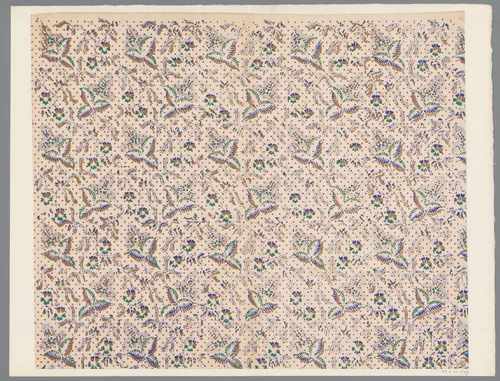 Blad met strooipatroon van bladmotieven met punten en sterretjes by anonymous, print, 1800-1900