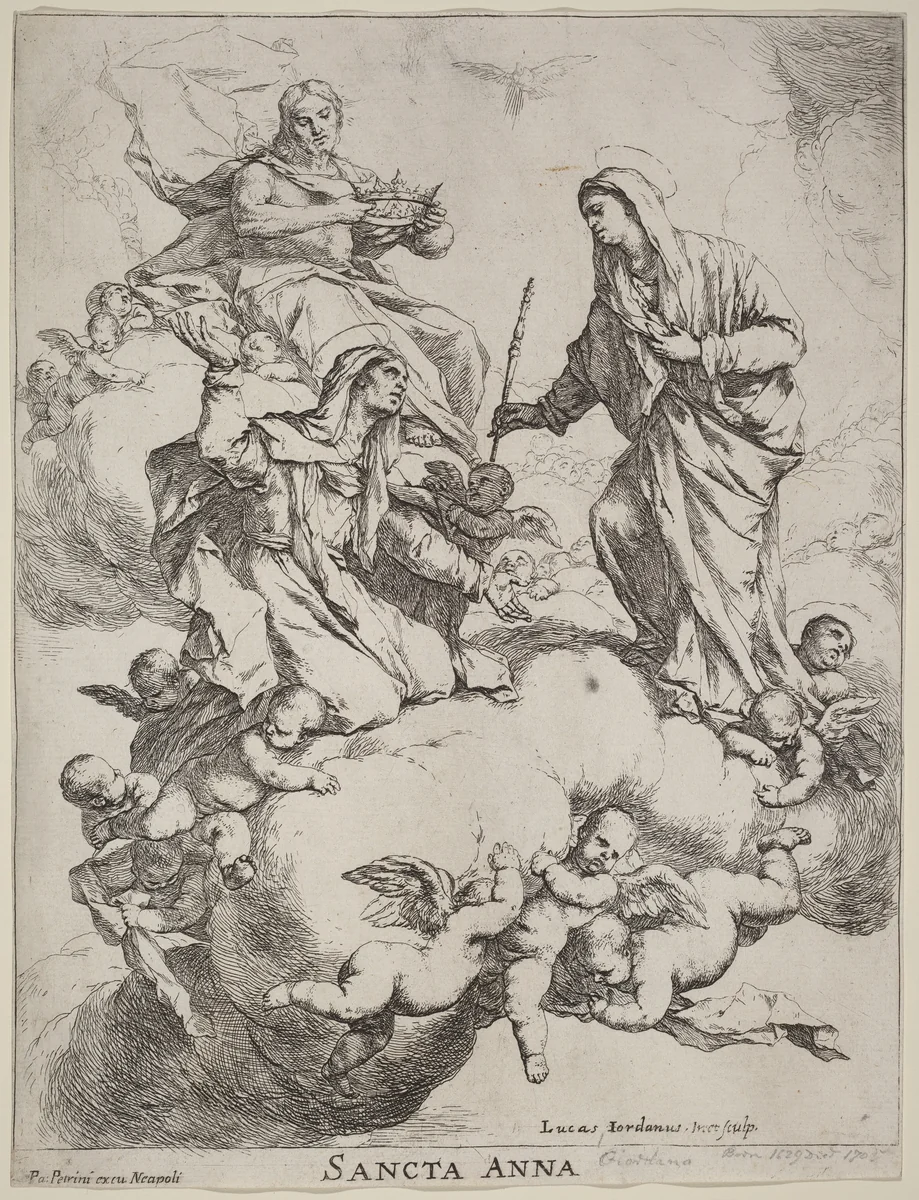 Saint Anne Received by the Virgin and Christ by Luca Giordano, print, 1634-1705