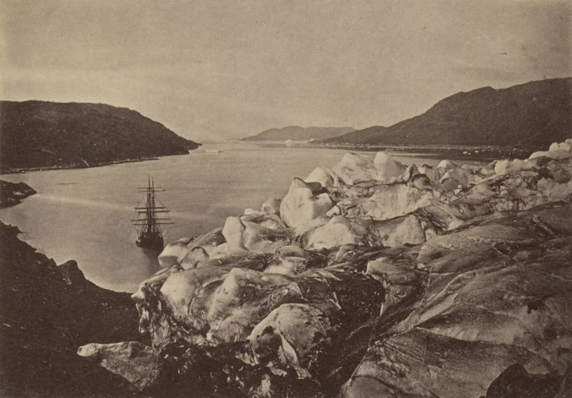 “View looking down the fiord from the top of the glacier” by George P. Critcherson, John L. Dunmore, William Bradford, photograph, 1869