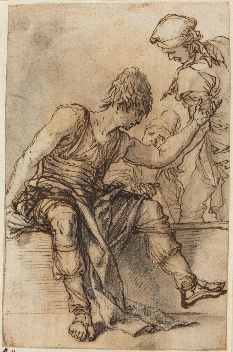 Youth Sitting on a Wall in Conversation with Two Men by Salvator Rosa, drawing, 1656-1657