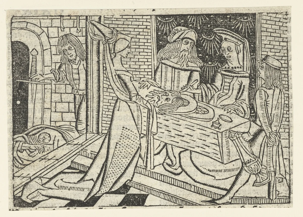 Salome brengt het hoofd van Johannes de Doper naar Herodias by Unknown, print, 1480-1500