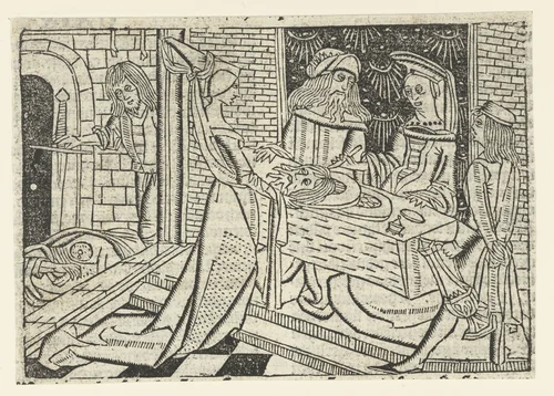 Salome brengt het hoofd van Johannes de Doper naar Herodias by Unknown, print, 1480-1500