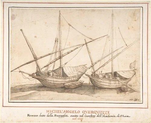 Four Boats by Michelangelo Cerquozzi, drawing, 1602-1660