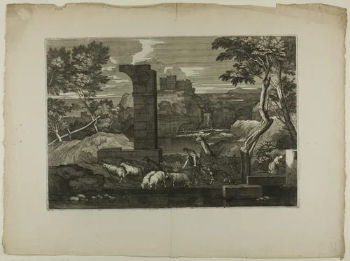 Landscape with a Shepherd and His Flock by Sébastien Bourdon, print, 1668-1671